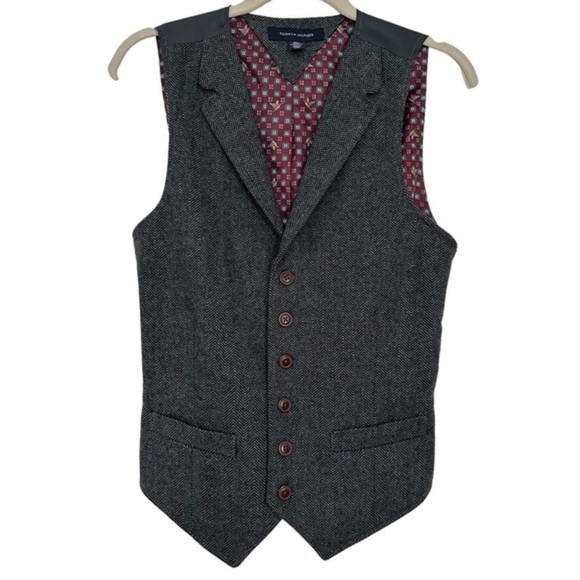 TOMMY HILFIGER HERRINGBONE NOTCHED WOOL BLEND VEST SIZE SMALL - Picture 1 of 16